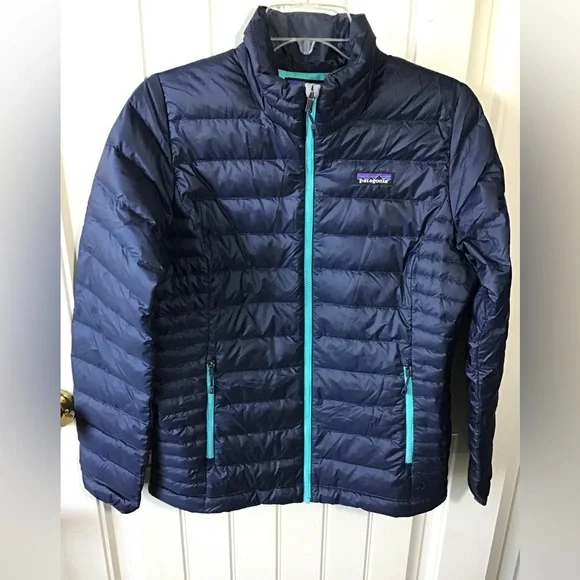 🏔Patagonia Down Sweater Jacket Full Zip Women Sz-Small Navy & Turquoise Quilted - Picture 2 of 12